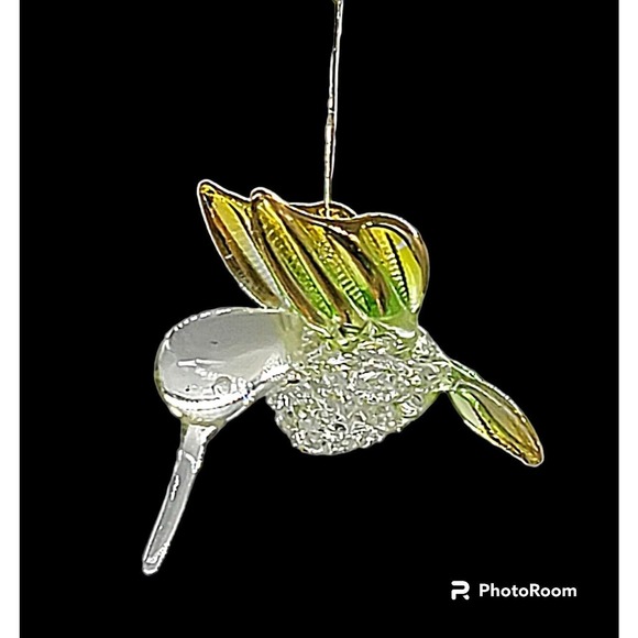 Vintage Clear Glass Hand Blown Hummingbird Yellow Green Wings Ornament - Picture 1 of 2